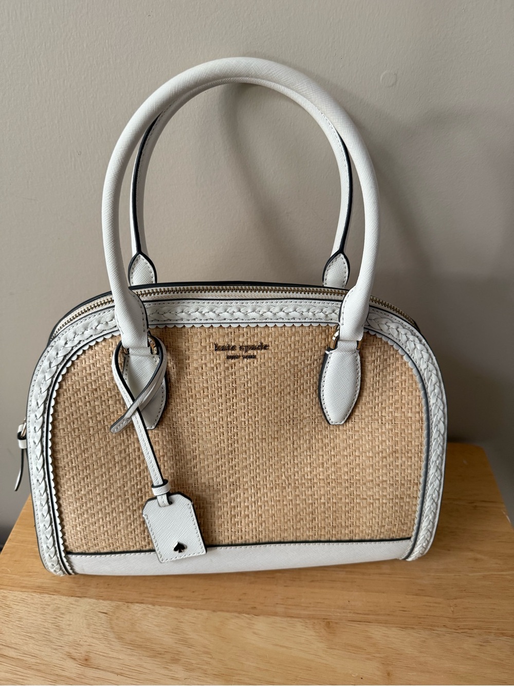 Kate Spade White and Natural Woven Dome Satchel